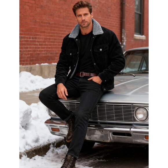 Mens Black Corduroy Jacket Sherpa Lined Warm Winter Trucker Cargo Coat - Picture 4 of 7